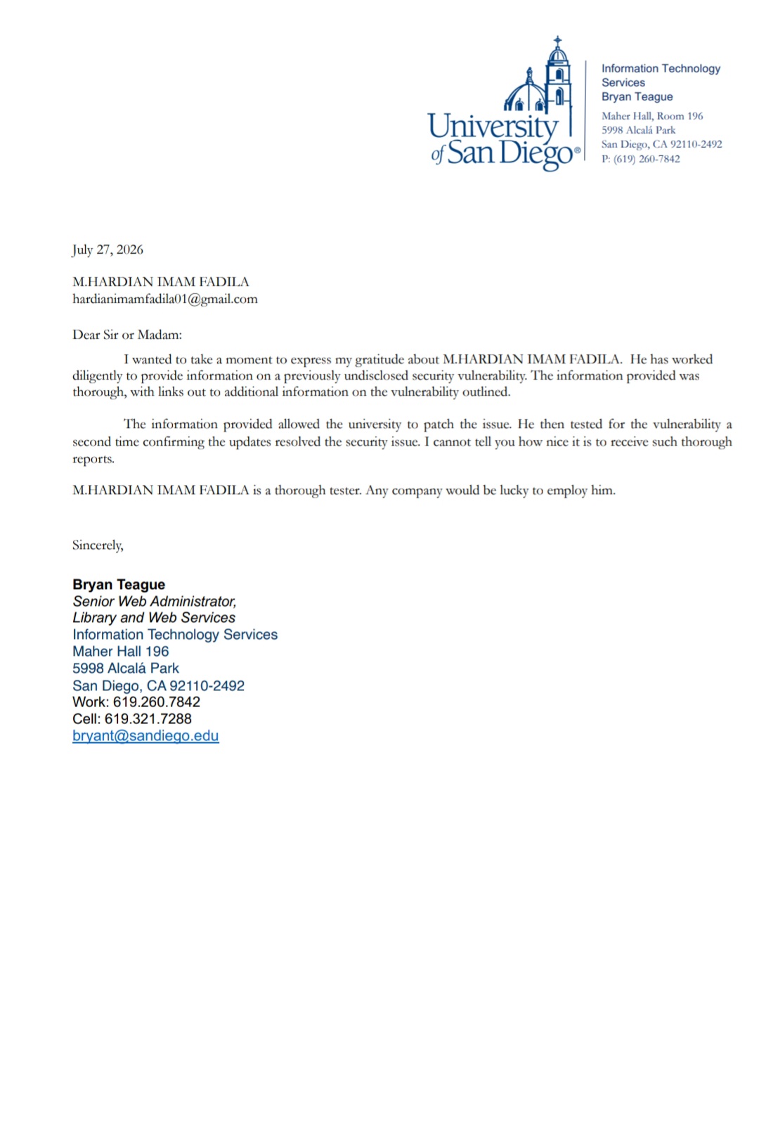 University of San Diego Appreciation Letter