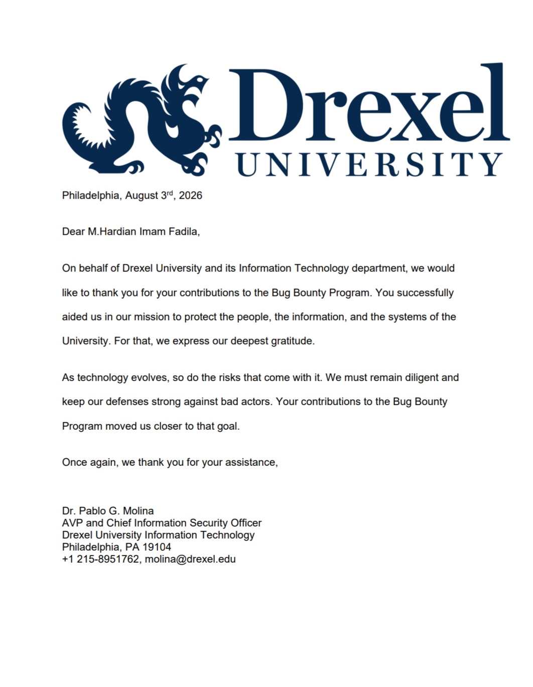 Drexel University Appreciation Letter